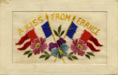 WWI silk postcard 'A Kiss from France' sent in 1916