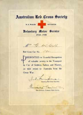 WWI ARCS Voluntary Motor Service certificate