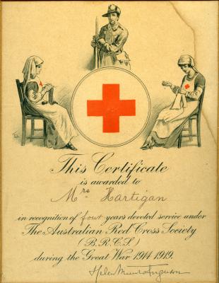 WWI ARCS devoted service certificate awarded to Mrs Hartigan