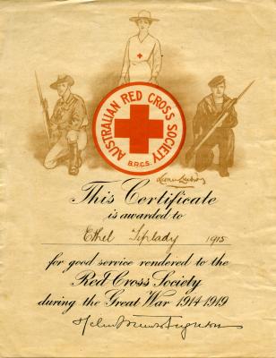 WWI ARCS good service certificate awarded to Ethel Tiplady