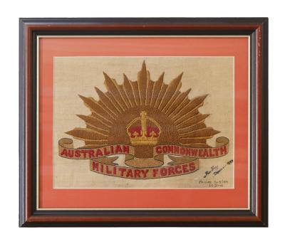 World War 1,  Framed Soldier Embroidery, Rising Sun Badge, 4046 HOGG, 32 Battalion AIF
