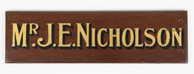 NAMEPLATE, WOOD, J E NICHOLSON
