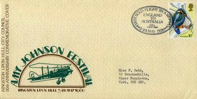 Front of souvenir postal cover issued during the Amy Johnson Festival 