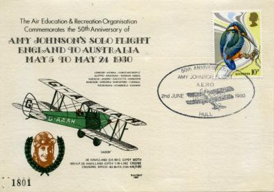 Front of commemorative cover - Amy Johnson 50th Anniversary of flight