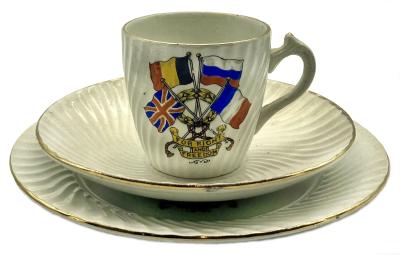 WWI era patriotic bone china fluted cup, saucer and plate set