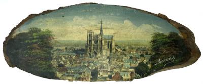 WWI era hand painted plaque featuring the French city of Amiens