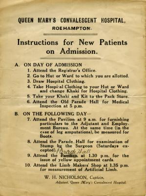 Queen Mary's Convalescent Hospital, Roehampton Instructions for new patients 