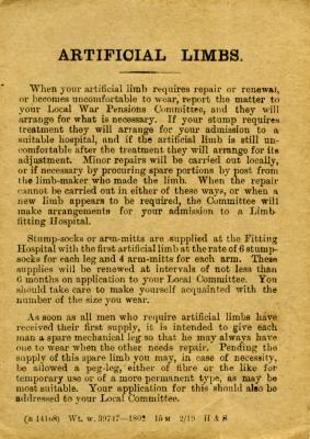 Information about artificial limbs issued to Benjamin David Jones