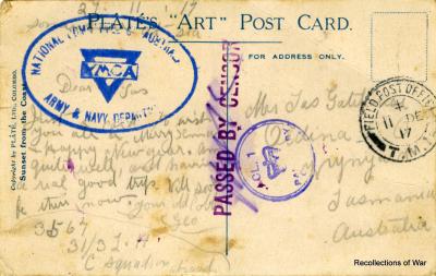 Postcard sent by George Henry Bramich showing censor stamps