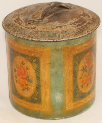 Tea Caddy, Green Tin with Rose Design