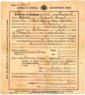 First World War Certificate of Discharge Sergeant Frederick Ernest BRUCE 243