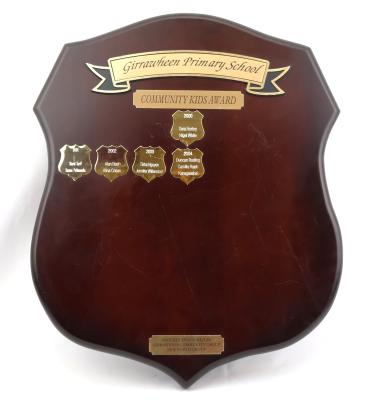 Dark brown, smoothed and treated wooden shield with five points. The obverse side has a raised ribbon toward the top that features the school’s name. Underneath is a smaller plaque detailing the nominated award name. Below that there are five small metal shields, each with six points. These shields are engraved with the date and names of the recipients that are receiving the award. At the bottom of the shield is another small, engraved plaque detailing sponsorship details. 