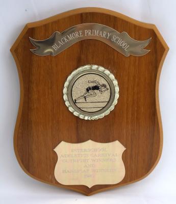 Brown treated wooden shield with five points and glazing on the top face only. Obverse side has three key features featuring engravings. Along the top is an engraved metal ribbon banner. In the middle there is a slightly raised floral wreath design that surrounds a flat engraving of a person in a running stance. At the base is a metal shield, with six points that is engraved with the school’s name and details of the competitions won.