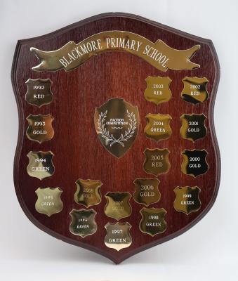 Dark brown treated wooden shield with three points. The obverse side of the shield consists of 17 small shields detailing the year and winning faction colour. At the top of the shield there is a metal ribbon banner engraved with the school’s name. In the centre of the shield is a larger shield of five points that is engraved with a floral emblem and details of the competition. The reverse side of the shield is untreated and has the details of the manufacturer stamped near the top.
