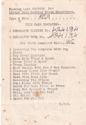 Cream Separators - Packing List only
