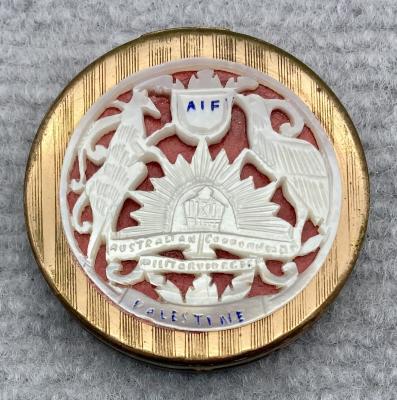 Souvenir powder compact with carved mother of pearl inlay from Palestine