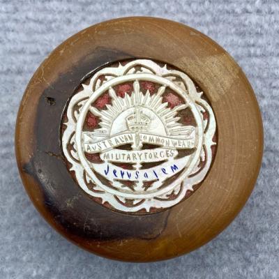 Souvenir olive wood and carved mother of pearl trinket box from Jerusalem