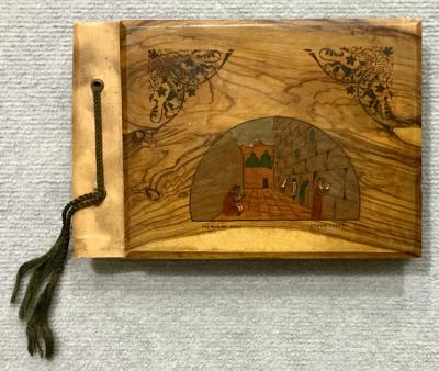 Souvenir olive wood photo album sent by George Clark to Bert