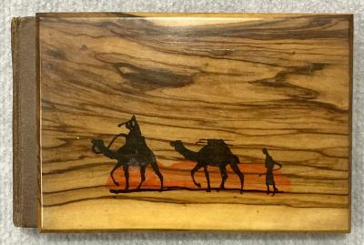 Front cover of souvenir olive wood album sent by George Benton from the Holy Land 1941
