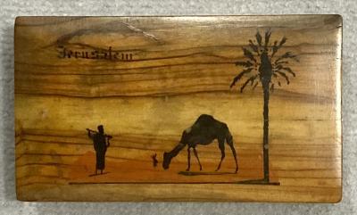 Top view of souvenir olive wood box from Jerusalem