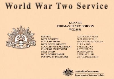 World War 2, Western Australia, Rottnest Island AIF Enlistment, WX25051 DOBSON, 1942