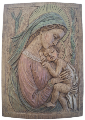 3D wooden portrait / carving of Mother Mary and baby Jesus