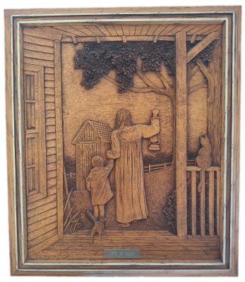 3D wooden portrait / carving of a late night scenery 