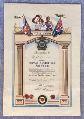 Volunteer Air Observers Corps certificate - Mr J.H. Davison
