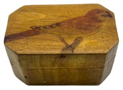 Lacquered timber lidded box with painted bird motif