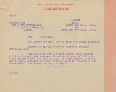 Cablegram from Winston Churchill to Elsie Curtin