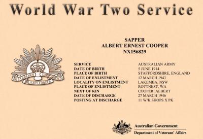World War 2, Western Australia, Rottnest Island AIF Enlistment, NP9082 to NX156829 COOPER, 1943