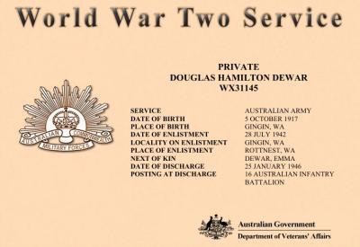 World War 2, Western Australia, Rottnest Island AIF Enlistment, W20341 to WX31145 DEWAR, 1942