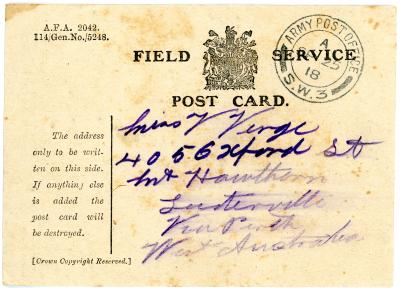 First World War Field Service Postcard from Pte. Edward Charles MOUCHEMORE, 6351