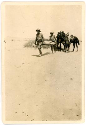 First World War Black and White Photograph of Unidentified Light Horsemen Carrying a Stretcher