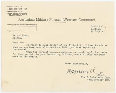 Second World War Australian Military Forces letter to Sapper Kingsley Charles MOHR WX26433 dated 15 September 1941