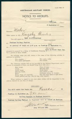 Second World War Australian Military Forces ‘Notice to Recruits’ to Sapper Kingsley Charles MOHR WX26433