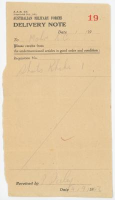 Second World War Australian Military Forces ‘Delivery Note’ to Sapper Kingsley Charles MOHR WX26433