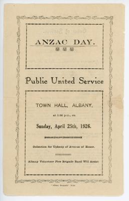 1926 Anzac Day Service Program at the Albany Town Hall