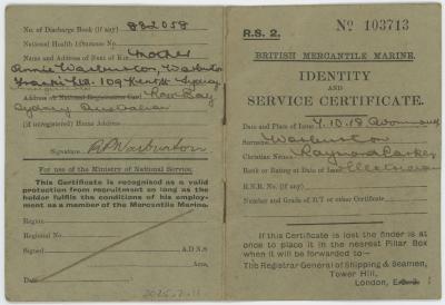 British Mercantile Marine Identity and Service Certificate Issued to Raymond Parker WARBURTON