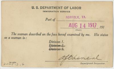 Seaman’s Identification Card Issued to Raymond Parker WARBURTON