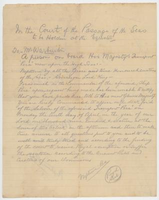 Handwritten Summons ‘In the Court of the Passage of the Seas’ Issued to Raymond Parker WARBURTON