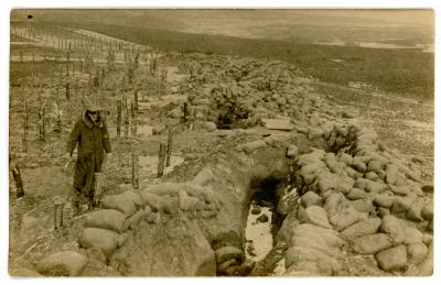 First World War Black and White German Photographic Postcard of Trenches and Soldier