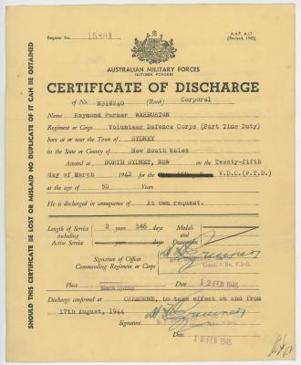 Certificate of Discharge for Raymond Parker WARBURTON