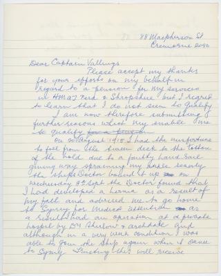 Handwritten Letter From Raymond Parker WARBURTON to Captain VALLINGS