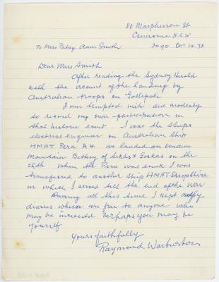 Handwritten Letter From Raymond WARBURTON to Patsy Adam SMITH
