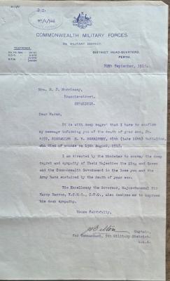 Letter from Commonwealth Military Forces regarding death of M.R. Morrissey