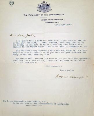 Letter from Robert Menzies to John Curtin, 28 June 1945.