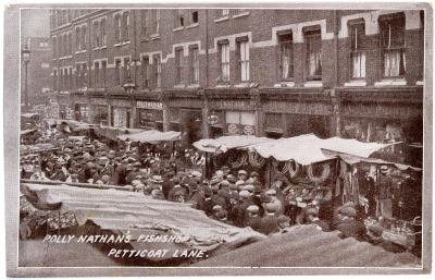 First World War Postcard ‘Polly Nathan’s Fish Shop, Petticoat Lane’ sent from Pte. Edward Charles MOUCHEMORE, 6351