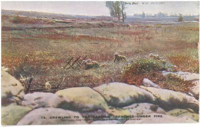 First World War Postcard ‘Crawling to the German Trenches Under Fire’ sent from Pte. Edward Charles MOUCHEMORE 6351