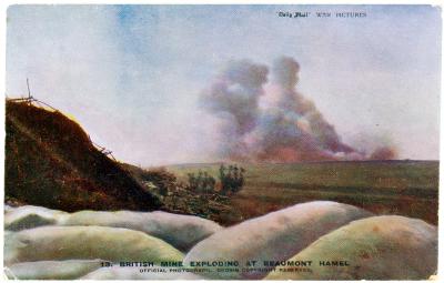 First World War Postcard ‘British Mine Exploding at Beaumont Hamel’ sent from Pte. Edward Charles MOUCHEMORE 6351